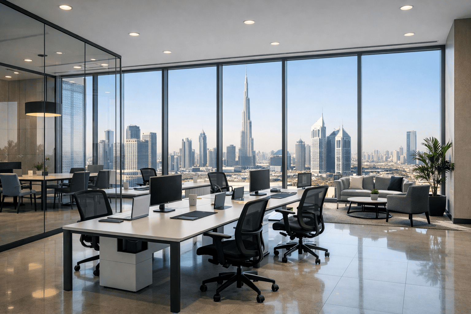 Modern professional office interior with floor-to-ceiling windows and contemporary workspace