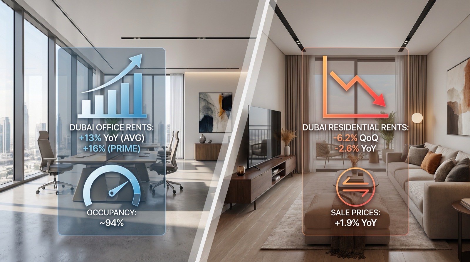 Dubai office rents up 13%, residential rents down 6.2% in Q2 2026.