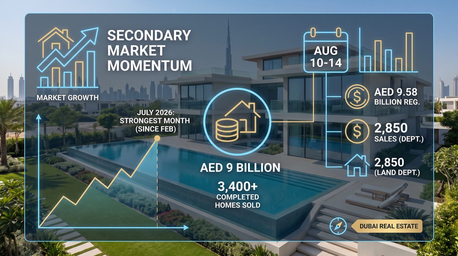 More than 3,400 completed homes sold for AED 9 billion in July 2026.