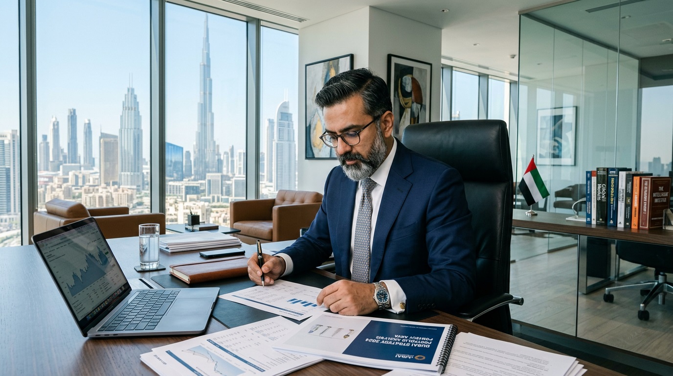 Investor reviewing reports at a desk overlooking the Dubai skyline — Dubai property investor insights from Mitchell's Commercial Real Estate