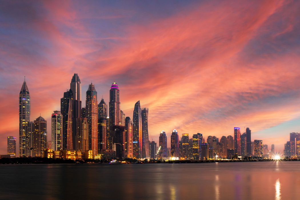 The Dubai Marina skyline from the Crescent on Palm Jumeirah