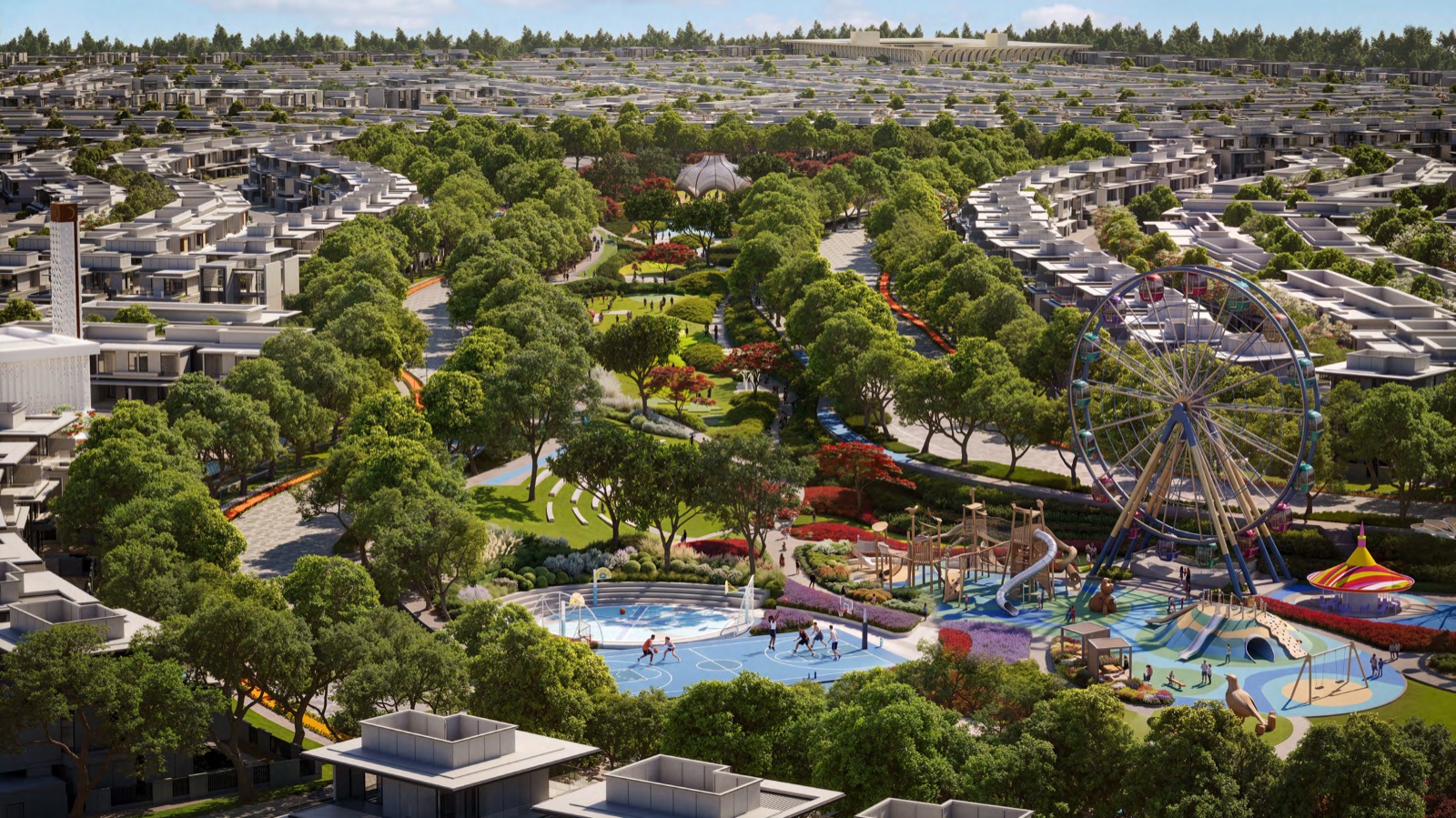 Azizi Bardini Park at Azizi Florence, showing the water play area, sports courts and theme park set among the surrounding townhouse clusters