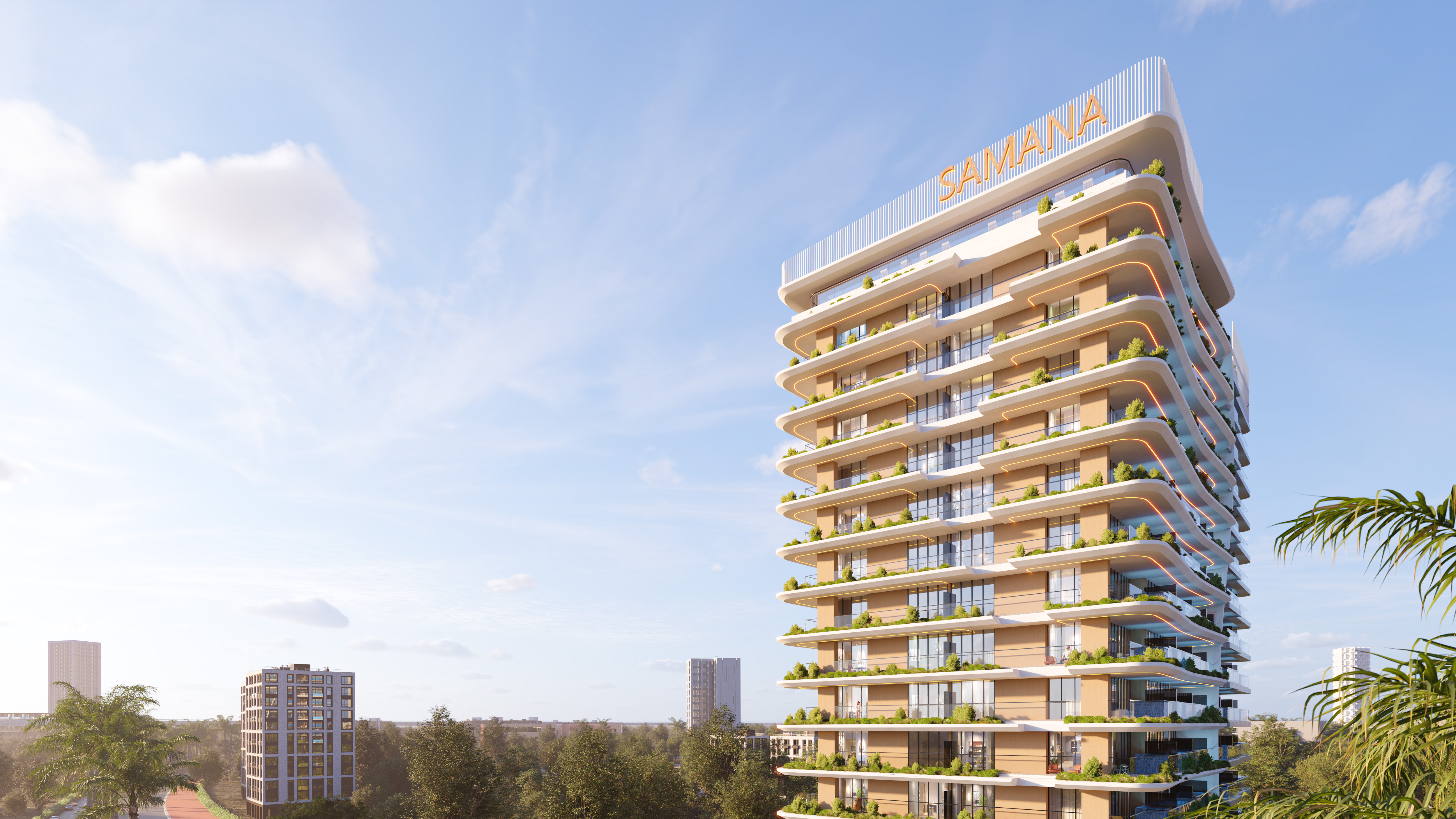 Exterior facade of Samana Park Meadows — Dubai Land Residence Complex — Mitchell's Commercial Real Estate