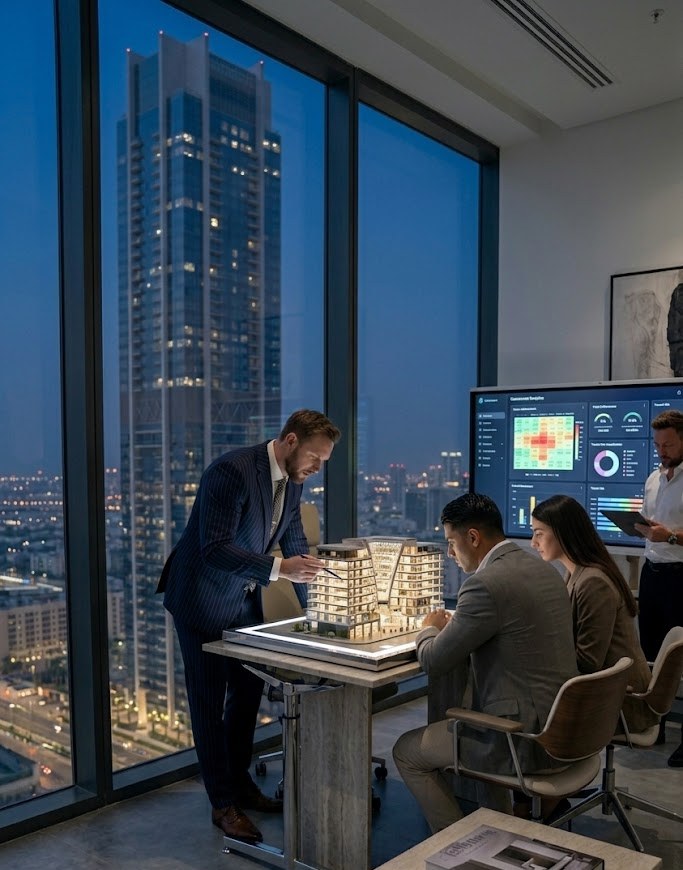 Stephen James Mitchell presenting a Dubai development model to investor clients