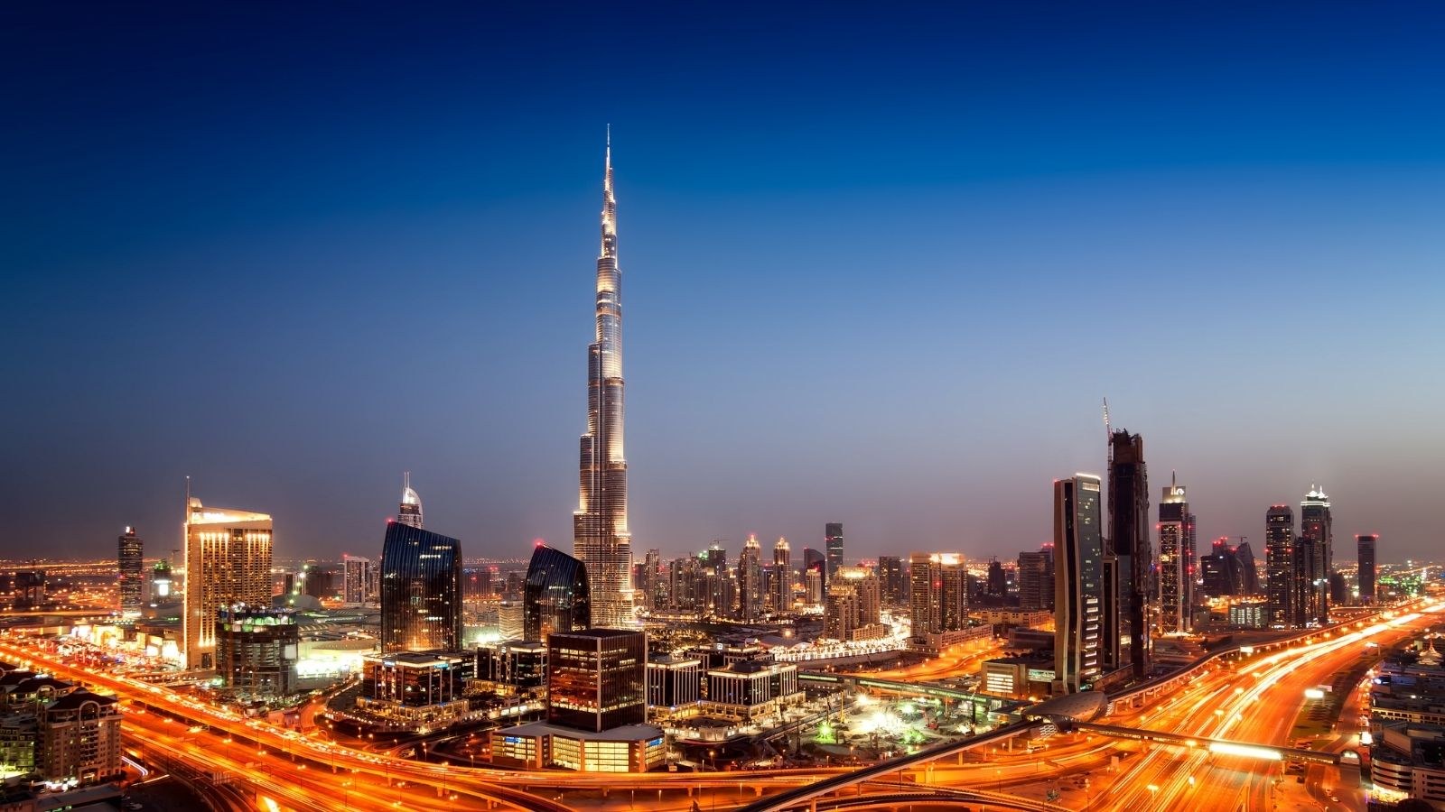 Downtown Dubai skyline at blue hour